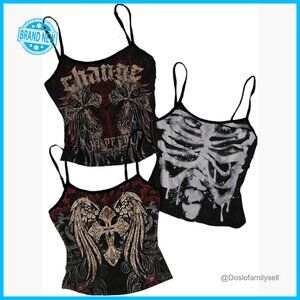 Goth Crop Camisole Y2K Graphic Spaghetti Strap Tank Top Soft Stretchy Polyester